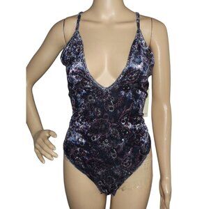 Hot Gal Bodysuit Womens Size XL Blue Purple Velvet stretch thong criss cross